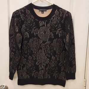 Ann Taylor Black and Gold Floral Patterned  Crew Neck Sweater Small